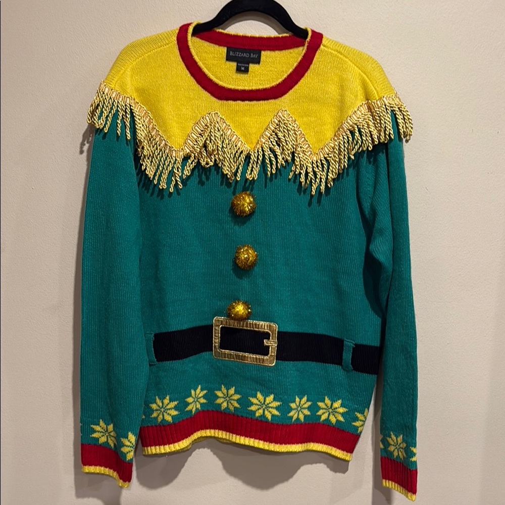 Blizzard Bay Teal and Yellow ugly Christmas Elf Sweater size M